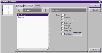 Выделите кнопку и выберите команду Modify > Instance. В открывшемся диалоговом окне щелкните на закладке Actions. Щелкните на значке «+» (Add, или Добавить) и выберите из разворачивающегося меню вариант On Mouse Event (Событие, происходящее по нажатию кнопки мыши). В списке параметров включите также параметр Press.