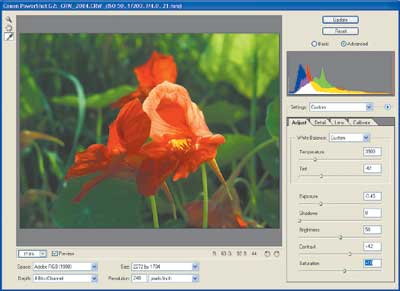 Рис. 5. В Photoshop CS имеется штатный модуль (plug-in) универсального RAW-конвертора, позволяющий работать с RAW-файлами различных цифровых фотокамер (на данный момент поддерживается более 80 моделей фотоаппаратов ведущих производителей). В диалоговом окне этого модуля предусмотрена возможность управления огромным количеством настроек, а также предварительного просмотра изображения в произвольном масштабе