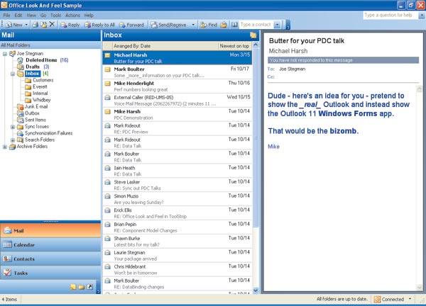 Пример имитации интерфейса Microsoft Outlook с помощью новых интерфейсных элементов Windows Forms 2.0