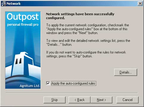 Окно Agnitum Outpost Firewall Pro 2.1 для автоконфигурации правил внутренней локальной сети в процессе установки самого пакета