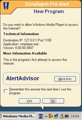 Всплывающее предупреждение ZoneAlarm о запросе к сети Интернет программой Windows Media Player