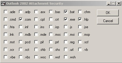 Блокировка файлов в окне Outlook 2002 Attachment Security 