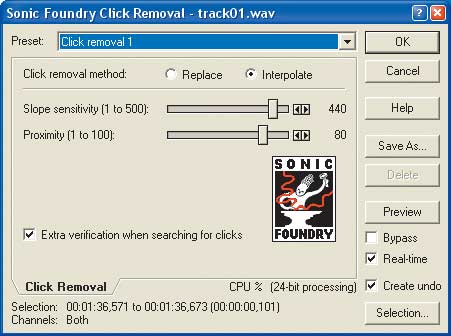 Окно настроек декликера Sonic Foundry Click Removal
