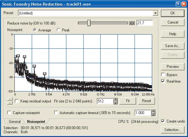 Графическое представление спектрограммы образца шума Sonic Foundry Noise Reduction