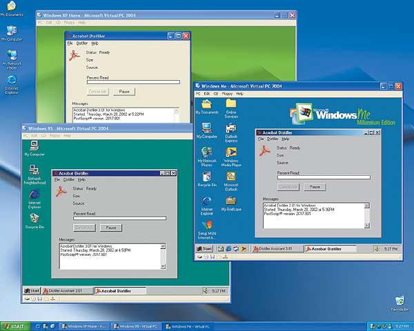 Рис. 2. Тестирование приложения, выполняющегося под управлением различных операционных систем, с помощью Virtual PC