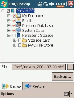 Подготовка данных к резервированию в iPAQ Backup