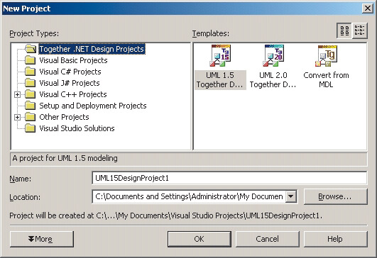 Рис. 1. Шаблоны UML-моделей Together Designer 2005 for Microsoft Visual Studio .NET