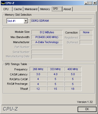 Рис. 2. Спецификация памяти A-DATA Vitesta DDR2 800 и ее тайминги, прошитые в SPD