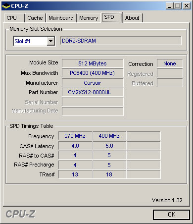 Рис. 3. Спецификация памяти Corsair CM2X512-8000UL и ее тайминги, прошитые в SPD