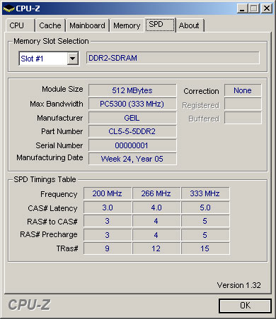 Рис. 4. Спецификация памяти GEIL GX25125300X и ее тайминги, прошитые в SPD