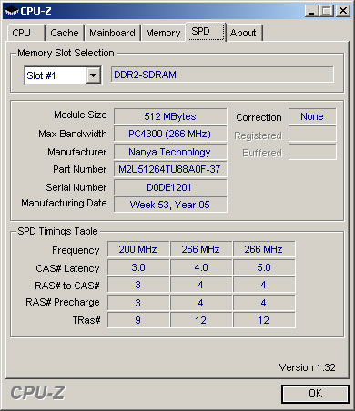 Рис. 5. Спецификация памяти Kingmax Mars DDR2-533 (KLBC28F-A8KH4) и ее тайминги, прошитые в SPD