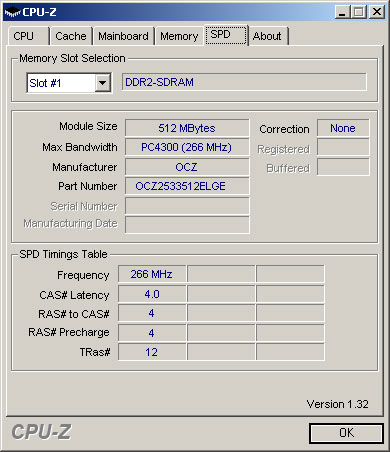 Рис. 7. Спецификация памяти OCZ PC2-4200 (Gold Edition) и ее тайминги, прошитые в SPD