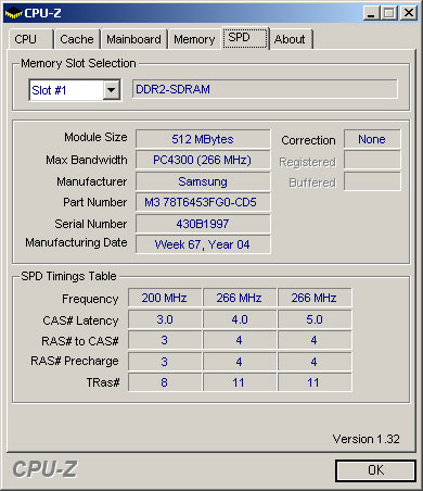 Рис. 8. Спецификация памяти Samsung DDR2-533 (M378T6453FG0-CD5) и ее тайминги, прошитые в SPD