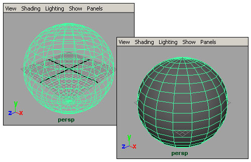 Рис. 11. Отображение объекта в виде каркаса (слева) и с тонированной поверхностью (справа)