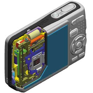 Внутреннее устройство фотоаппарата Pentax Optio A10. Синим цветом выделена подвижная платформа, на которой установлен ПЗС-сенсор