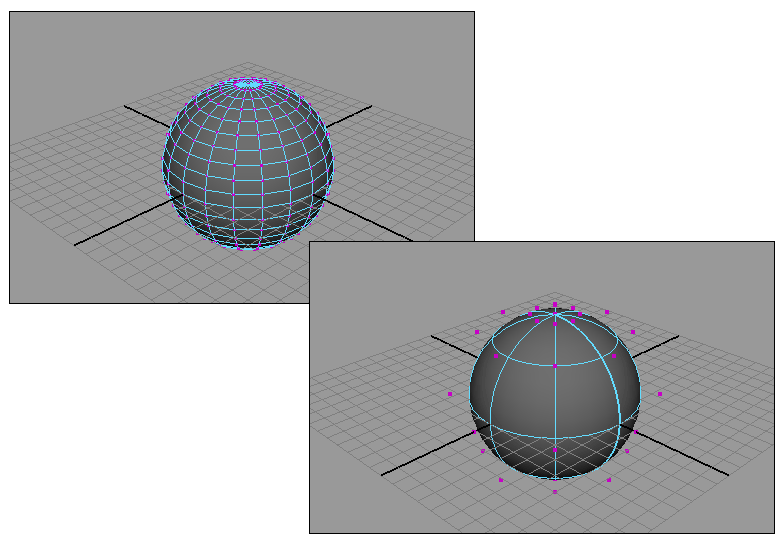 Рис. 1. Уровень детализации полигонального шара (слева) и NURBS-шара (справа) — видно, что число вершин у первого шара на порядок больше