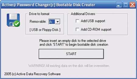 Мастер создания загрузочной дискеты или флэш-диска USB с интегрированным приложением Active Password Changer 3.0