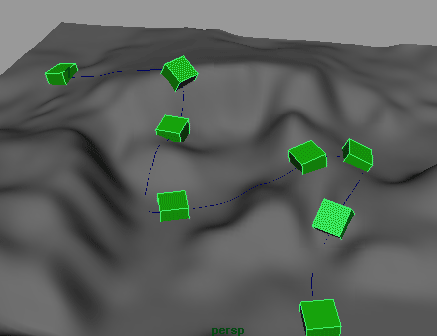 Рис. 34. Движение куба по траектории, связанной с холмистой поверхностью (куб проваливается) 