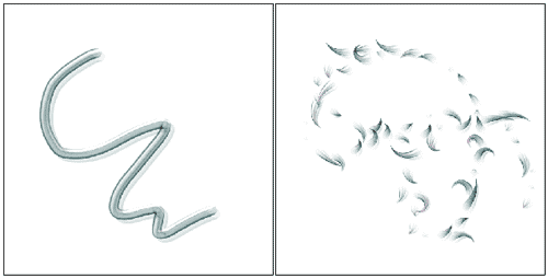 Рис. 5. Пример рисования одной и той же кистью — при отключенных трубках (слева) и при включенных (справа) 