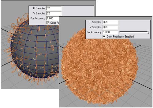 Рис. 6. Отображение шара с мехом в окне проекции при различных значениях параметров USamples и VSamples