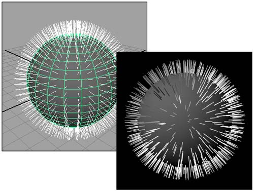 Рис. 9. Первоначальный вид покрытого мехом шара (в окне перспективы — слева, в визуализированном виде — справа)
