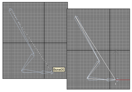 Рис. 11. Формирование IK-цепи: процесс связывания объектов в IK-цепь (слева) и вид Bones-системы с IK-цепью (справа) 