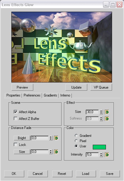 Рис. 43. Настройка параметров фильтра LensEffectsGlow