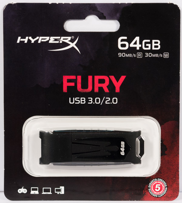 Розничная упаковка накопителя HyperX FURY емкостью 64 Гбайт