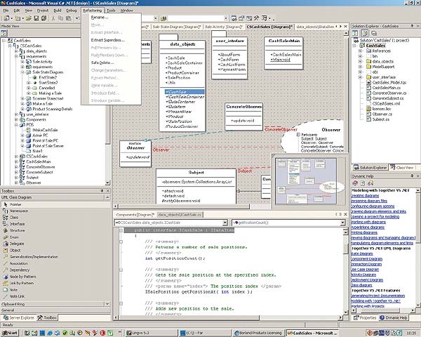 Рис. 5. Синхронное изменение кода и модели, в том числе  средства рефакторинга в  Borland Together for Visual Studio .NET 2.0