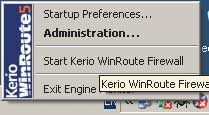 Окно Kerio WinRoute Firewall 5.1 в системной панели, предоставляющее возможности вызова панели администратора, старта и остановки сервиса