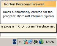 Всплывающее окно Norton Personal Firewall 2004, отображающее автоматическое создание правила для Microsoft Internet Explorer