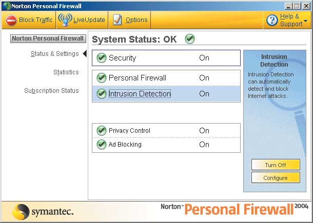 Главное окно программы Norton Personal Firewall 2004