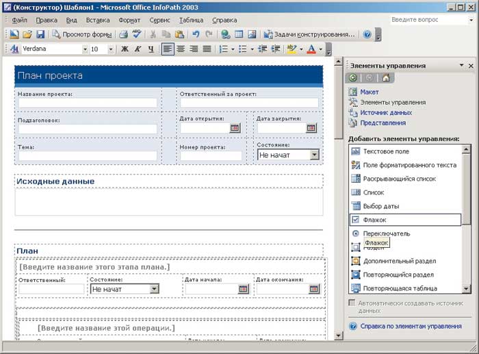 Рис. 1. Редактор форм Microsoft Office InfoPath 2003