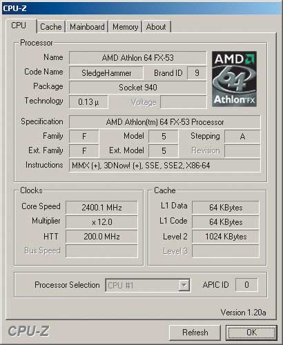 Результаты теста CPU-Z 1.20a для AMD Athlon 64 FX-53
