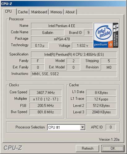 Результаты теста CPU-Z 1.20a для Intel Pentium 4 EE 3,4 ГГц