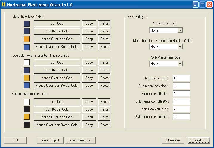 Рис. 14. Пример панели настройки параметров кнопок меню в  программе Horizontal Flash Menu Wizard 1.0