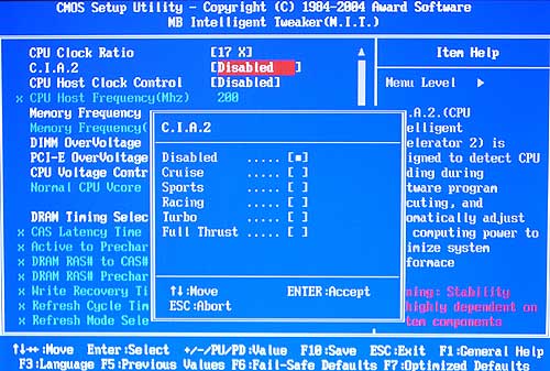 Рис. 1. Выбор режима C.I.A. 2 в меню настроек BIOS Setup
