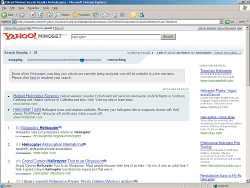 Сервис Yahoo!Mindset пытается разделить первую сотню результатов поисковой выдачи 