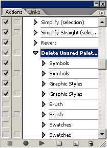Рис. 9. Палитра Actions — некоторые действия в макросе Delete Unused Palette Items отключены 