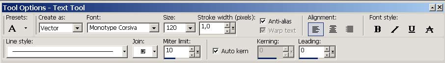 Рис. 1. Окно панели Tools Options с примером настройки параметров шрифта