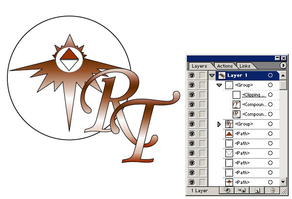 Рис. 32. Векторный логотип компании, созданный на основе растрового изображения (изображение и палитра Layers)