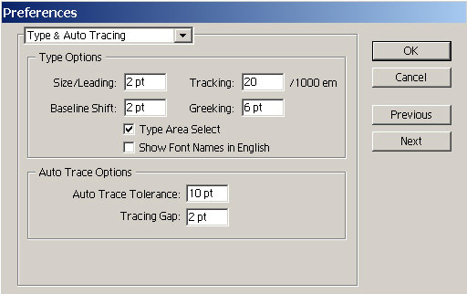 Рис. 9. Раздел Type & Auto Tracing диалогового окна Preferences