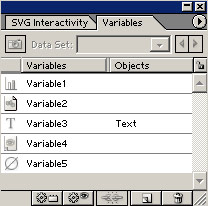Рис. 2. Палитра Variables со всеми типами переменных: Variable1 — тип Graph Data, Variable 2 — тип Linked File, Variable 3 — тип Text String, Variable 4 — тип Visibility, Variable 5 — несвязанная переменная без типа