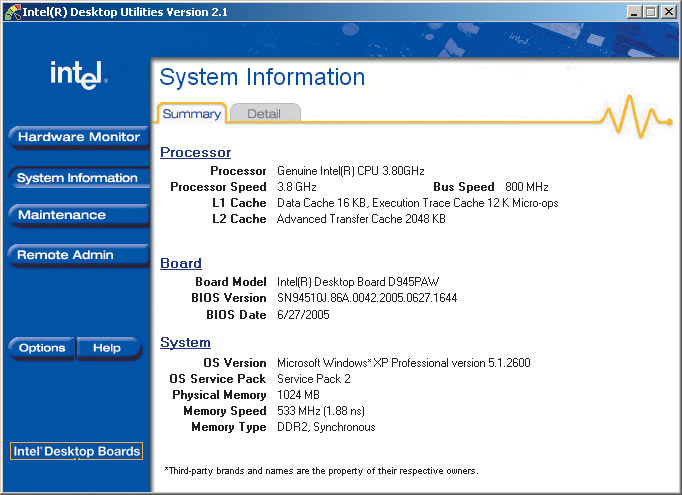 Рис. 5. Сбор информации о компонентах системы средствами ПО Intel Desktop Utilities