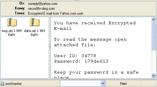 Письмо с архивом, содержащим почтовый вирус файла