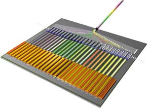 Микросхема оптического канала связи, содержащая в себе десятки кремниевых лазеров, фильтры, модуляторы и мультиплексор