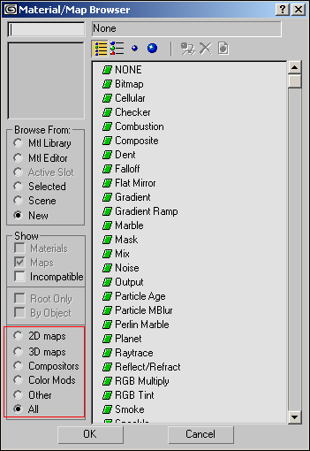 Рис. 1. Окно Material/MapBrowser с выделенным цветом блоком выбора типов карт