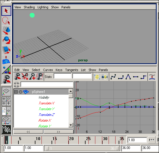 Рис. 19. Вид окна Graph Editor в виде одного из окон проекций