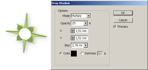 Рис. 65. Добавление к объемному символу тени (настройка параметров эффекта Droop Shadow и полученный символ)