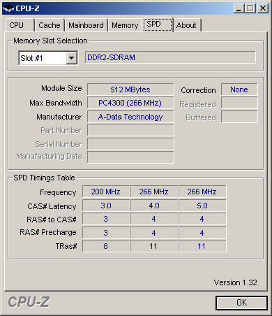 Рис. 1. Спецификация памяти A-DATA Vitesta DDR2 533 и ее тайминги, прошитые в SPD